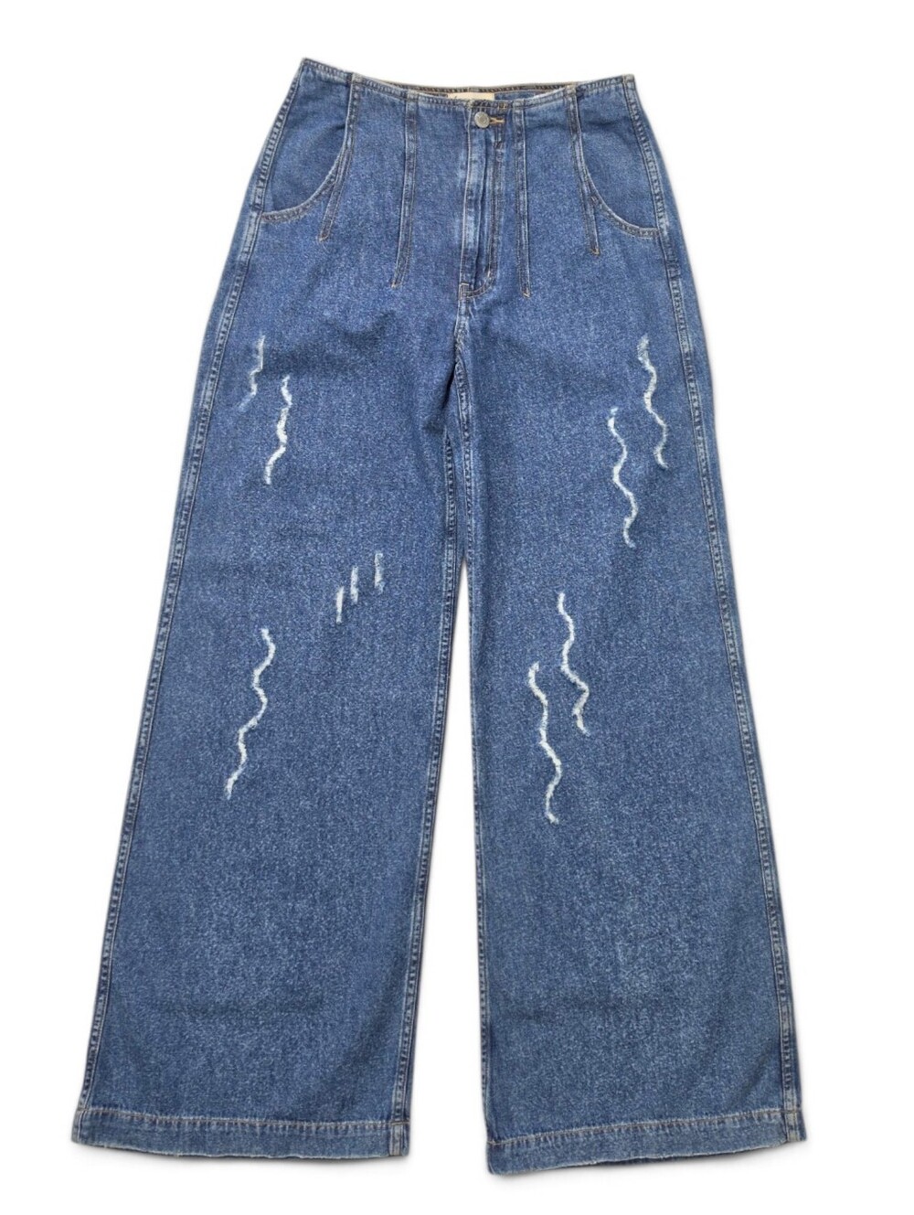 Ética Wide Leg Distressed Jeans 27 Blue Denim Front Seam Wavy Detail